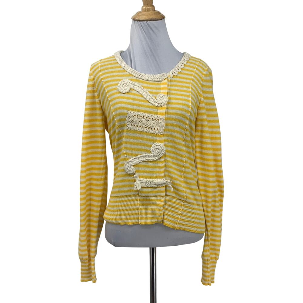 Sparrow Cardigan Women M Medium Gold Ivory Loose Lines Crochet Trim Snap Buttons